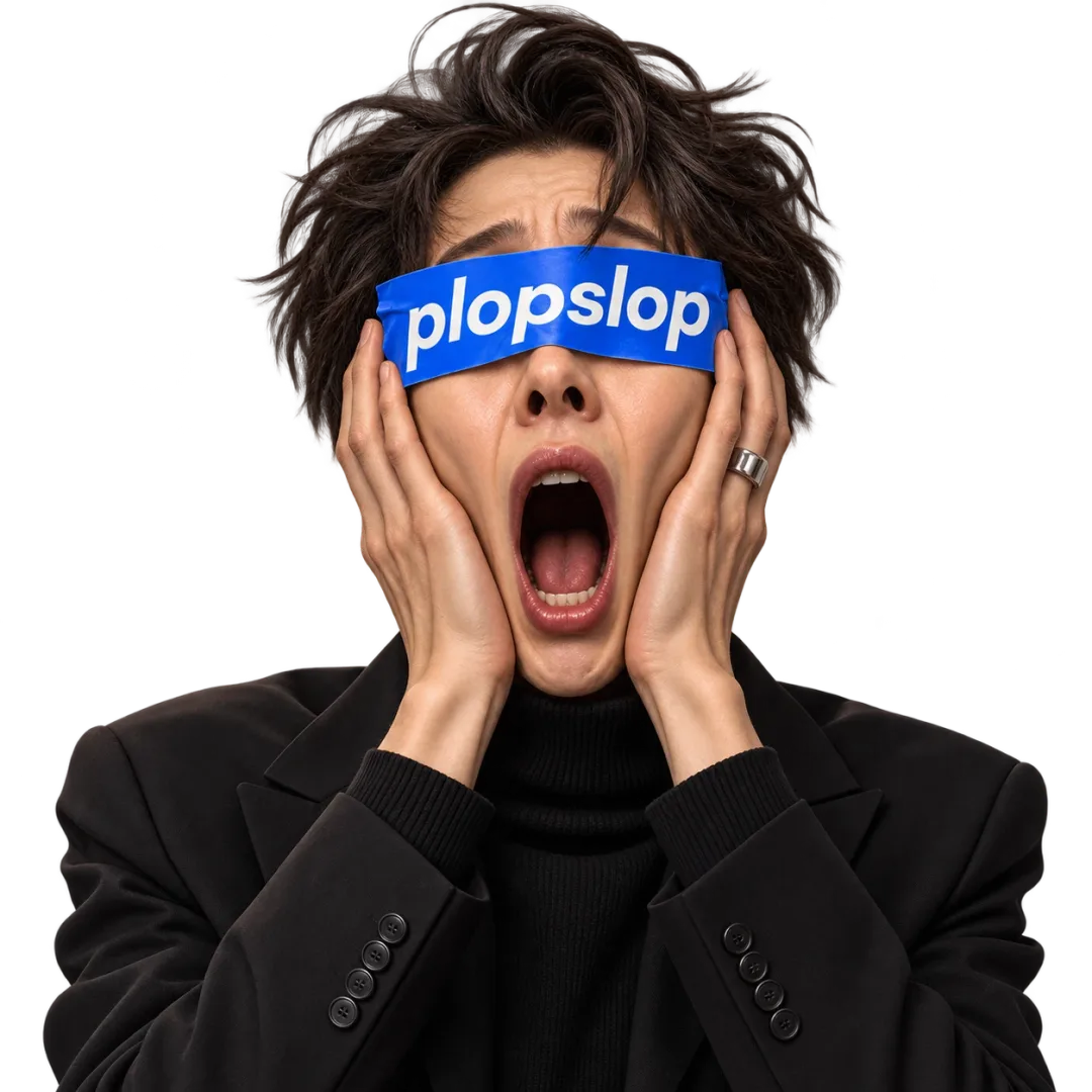 a person screaming, with blue plopslop tape across the eyes